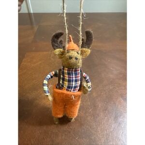 Felted Wool Moose Ornament Plaid Shirt Orange Pants Rustic Cabin Christmas